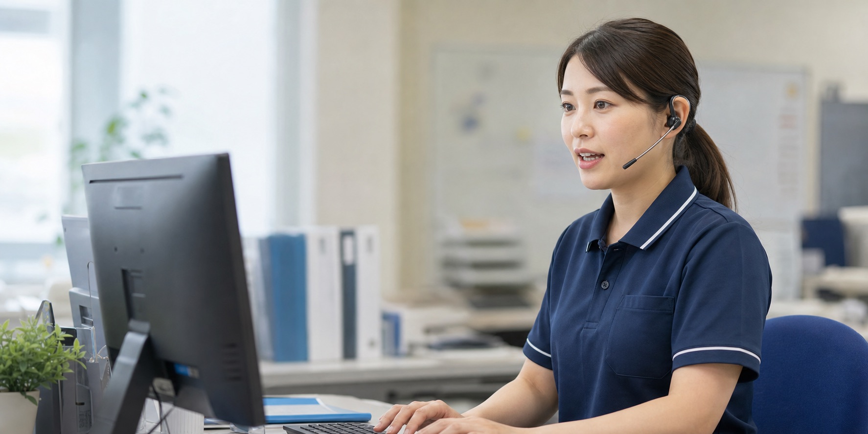 事務室でインカムを着けてデスクトップPCに声で介護記録を入力する女性スタッフ